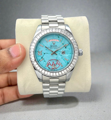 Luxury Day-Date Analog Watch for Men – Turquoise Dial with Crystal Bezel (Inspired Design)