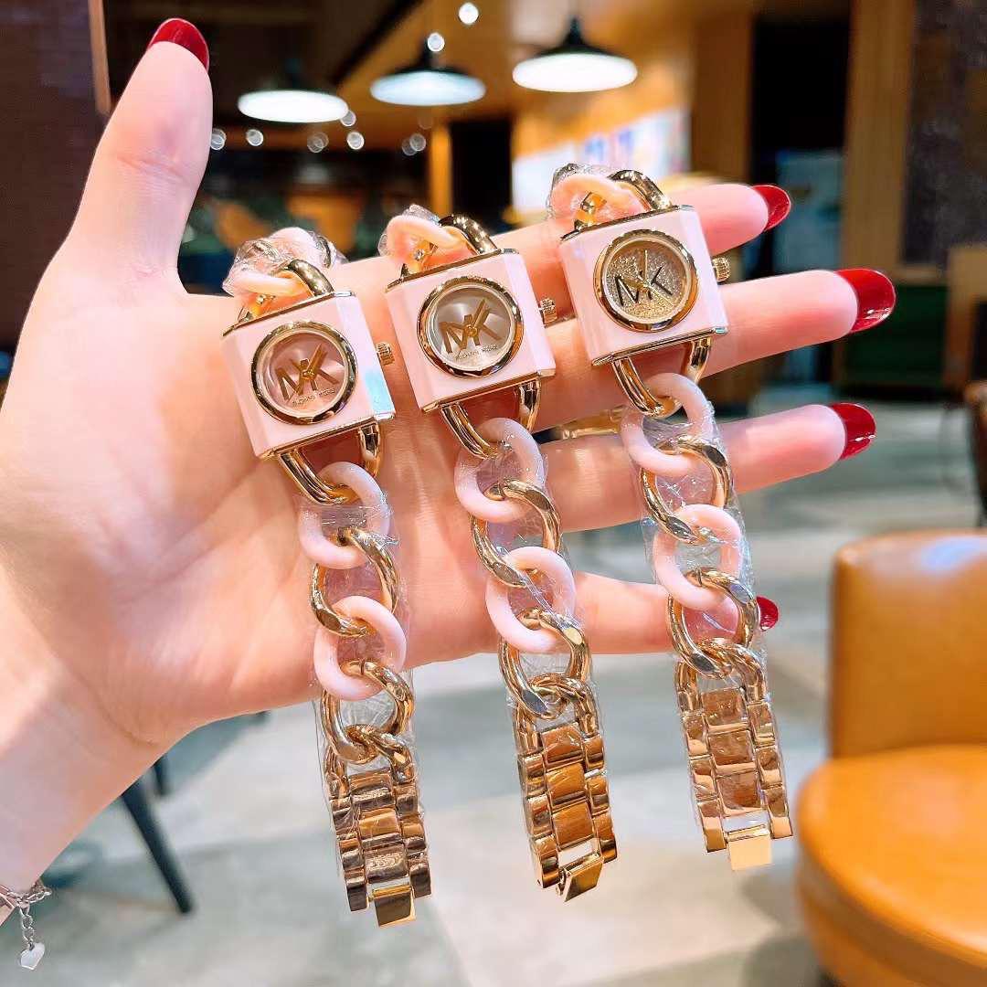 Women’s Luxury Bracelet Watch – MK Style | Pink & Gold Chain Design