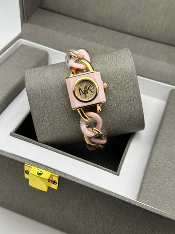 Women’s Luxury Bracelet Watch – MK Style | Pink & Gold Chain Design