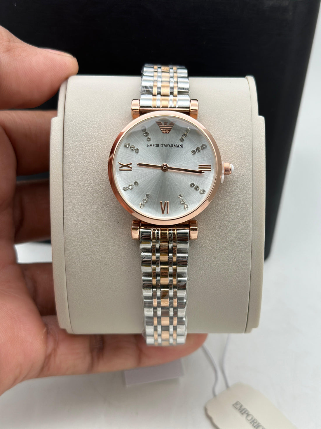 Women’s Luxury Analog Watch – Armani Style | Pink Dial | Rose Gold & Silver Strap