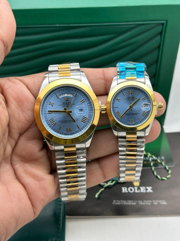 Couple Luxury Analog Watch Set – Day-Date Style | Silver-Gold Strap | Blue Dial (Men & Women)