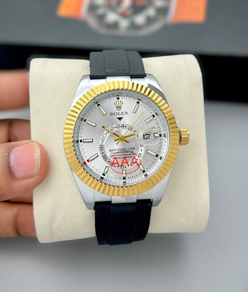 Luxury Sky-Dweller Style Analog Watch for Men | Gold Bezel | Rubber Strap