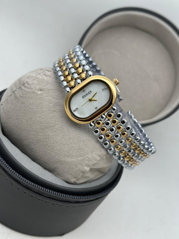 Luxury Women’s Wrist Watch – Gucci Style Oval Dial | Two-Tone Stainless Steel Strap