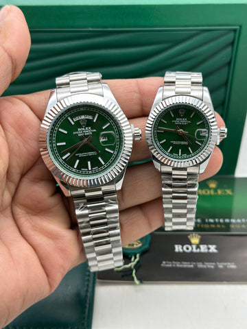 Luxury Couple Wrist Watch Set – Rolex Style Green Dial | Day-Date & Datejust Inspired