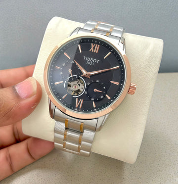 Men’s Open Heart Automatic Style Watch | Black Dial Rose Gold Bezel | Dual Tone Metal Strap | Designer Inspired Luxury Watch