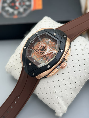 Luxury Skeleton Dial Tonneau Watch for Men | Brown Strap Black & Rose Gold Designer Style Watch