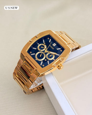 Men’s Luxury Analog Watch | Blue Dial Square Case | Golden Metal Strap | Multi-Function Designer Inspired Watch