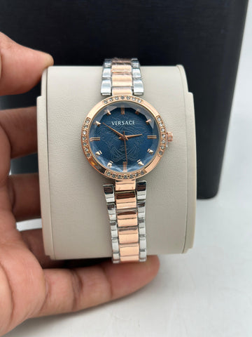 Women’s Analog Wrist Watch | Blue Dial with Crystal Bezel | Rose Gold & Silver Metal Strap | Designer Inspired Watch