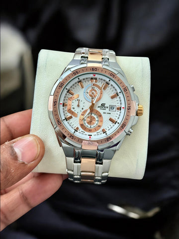 Men’s Premium Chronograph Analog Watch | Stainless Steel Strap | White Dial with Rose Gold Accents | Business & Party Wear