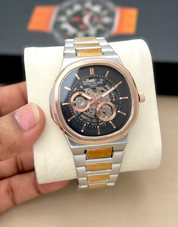 Men’s Luxury Skeleton Dial Analog Watch | Rose Gold & Silver Finish | Stainless Steel Strap | Designer Inspired