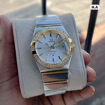 Men’s Omega Constellation Style Analog Watch | Silver & Gold Finish | Crystal Bezel | Stainless Steel Strap