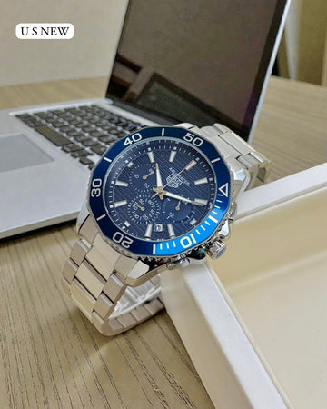 Men’s Luxury Chronograph Watch | Aquaracer Style Blue Dial | Stainless Steel Strap | Date Display