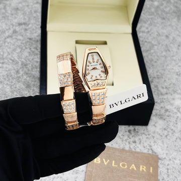 Women’s Luxury Rose Gold Watch & Bracelet Set | BVLGARI Serpenti Style | Crystal Studded Party Wear Watch