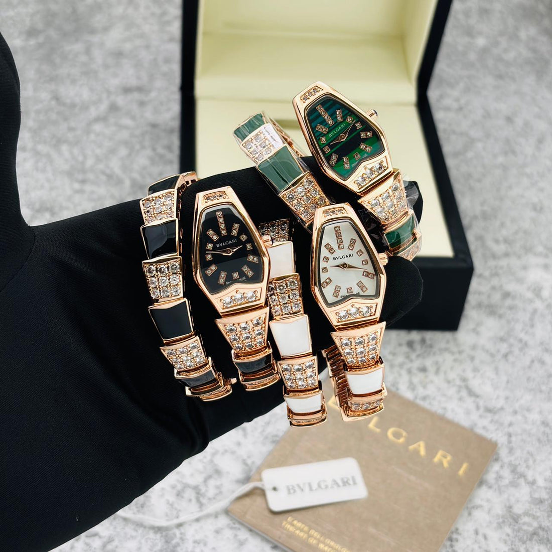 Women’s Luxury Rose Gold Watch & Bracelet Set | BVLGARI Serpenti Style | Crystal Studded Party Wear Watch