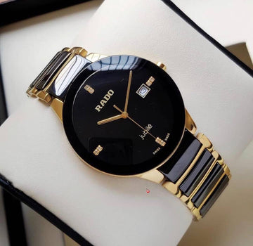 Men’s Rado Jubile Style Analog Watch | Black Dial with Date | Gold & Black Ceramic Look Strap | Luxury Men Watch
