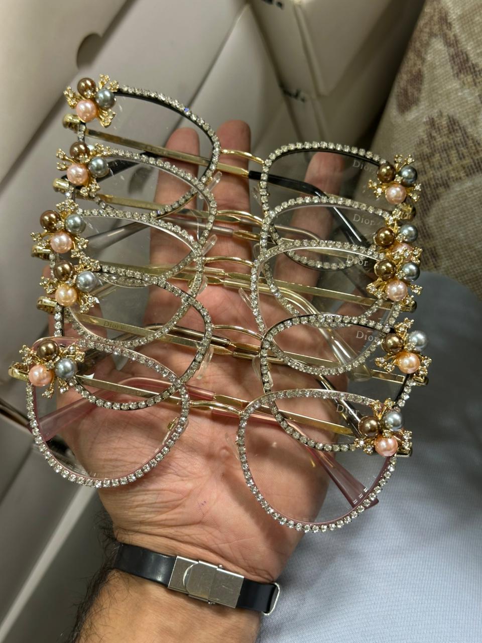 Dior Style Women’s Luxury Eyeglasses | Crystal Studded Frame with Pearl Detailing | Designer Fashion Clear Glasses