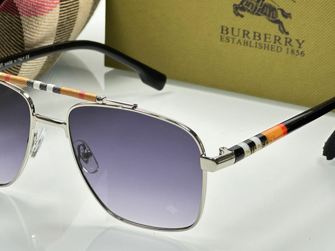 Men’s Luxury Aviator Sunglasses | Burberry Style Inspired | Silver Metal Frame | UV Protection Shades