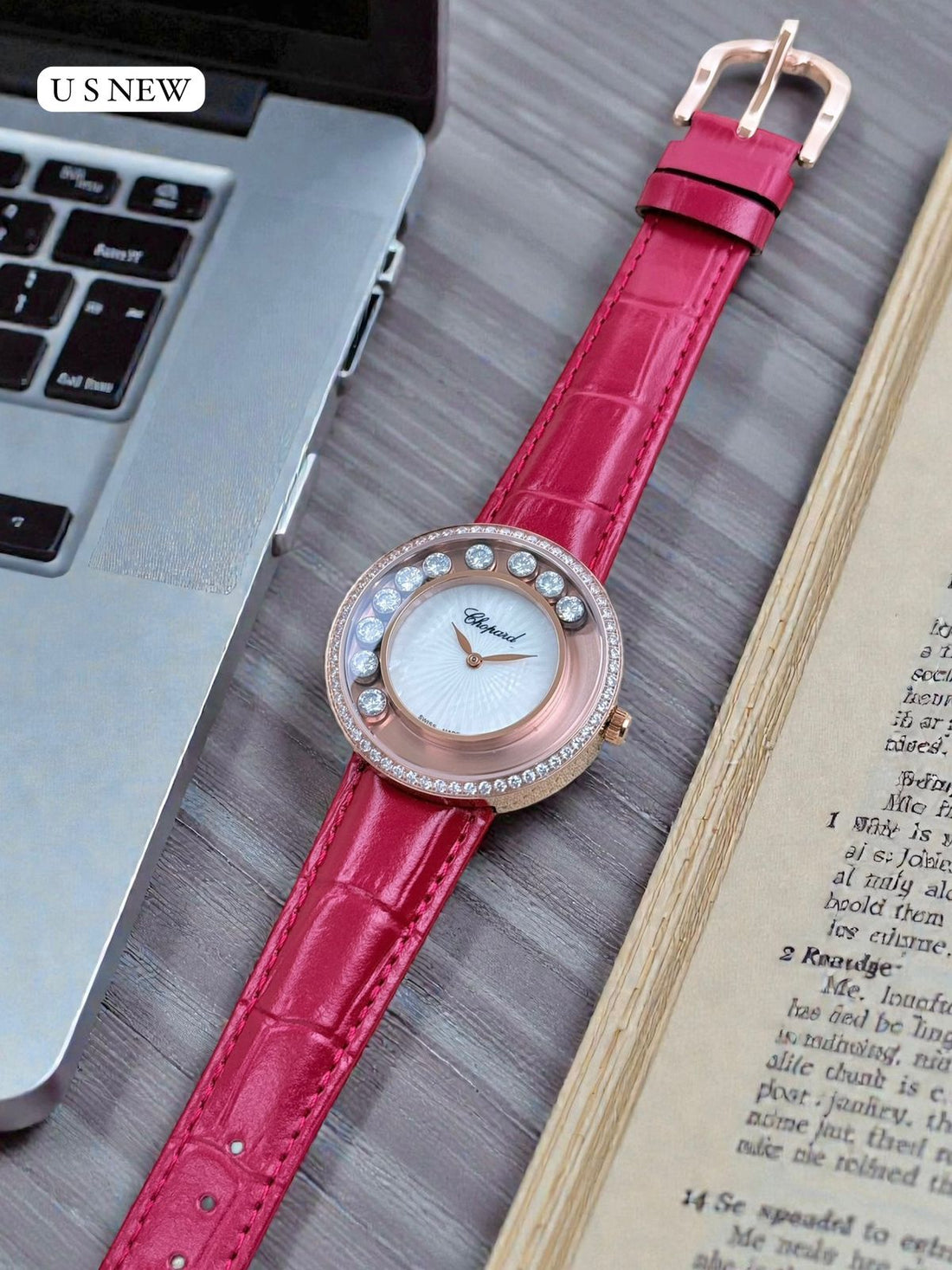 Women Luxury Analog Watch | Chopard Style | Crystal Bezel Dial | Red Leather Strap | Party Wear Watch