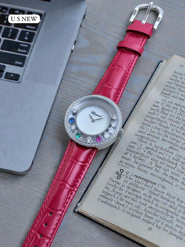 Women Luxury Analog Watch | Chopard Style | Crystal Bezel Dial | Red Leather Strap | Party Wear Watch
