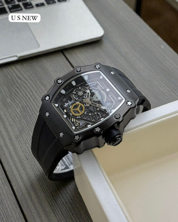 Men Luxury Skeleton Analog Watch | Richard Mille Style | Black Tonneau Dial | Rubber Strap | Sports Fashion Watch