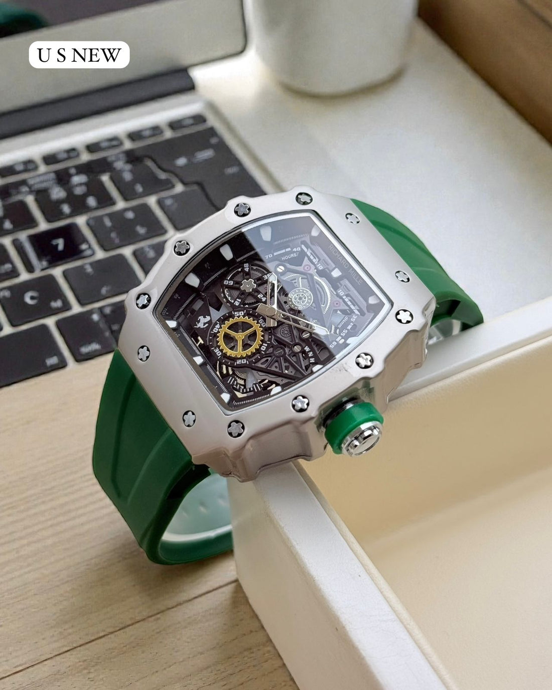 Men Luxury Skeleton Analog Watch | Richard Mille Style | Black Tonneau Dial | Rubber Strap | Sports Fashion Watch