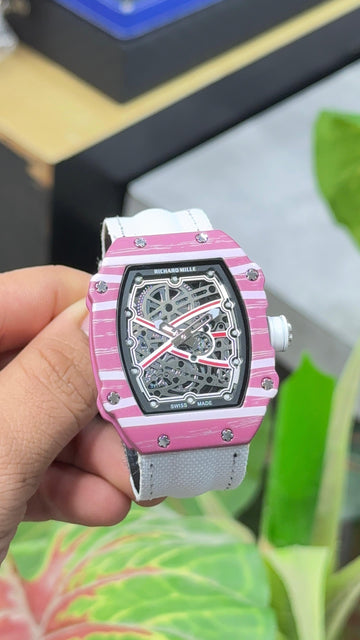 Luxury Richard Mille Style Skeleton Watch for Men | Pink & White Case | Premium Rubber Strap | Imported Designer Watch
