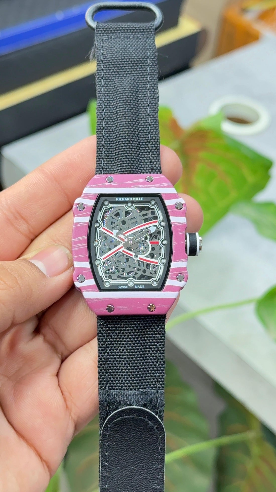 Luxury Richard Mille Style Skeleton Watch for Men | Pink & White Case | Premium Rubber Strap | Imported Designer Watch