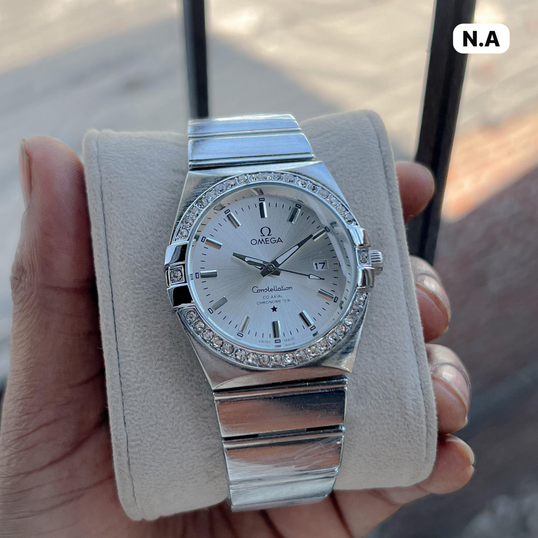 Men’s Omega Constellation Style Analog Watch | Silver & Gold Finish | Crystal Bezel | Stainless Steel Strap