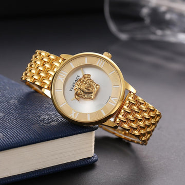 Golden Stainless Steel Designer Wrist Watch with Medusa Dial