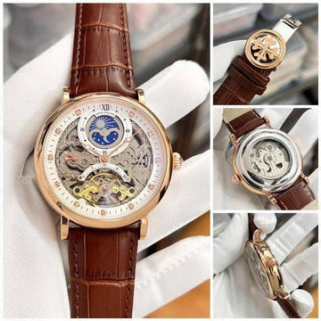 Men’s Luxury Automatic Skeleton Watch | Moonphase Dial | Brown Leather Strap | Mechanical Wrist Watch