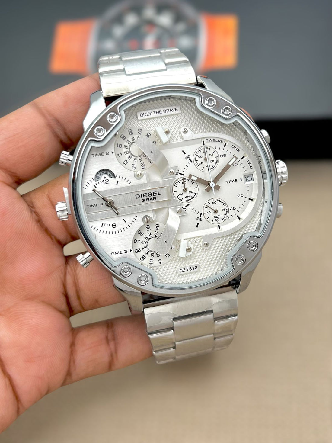 Diesel Big Dial Analog Men’s Watch with Multi-Time Display & Stainless-Steel Strap – Silver Blue